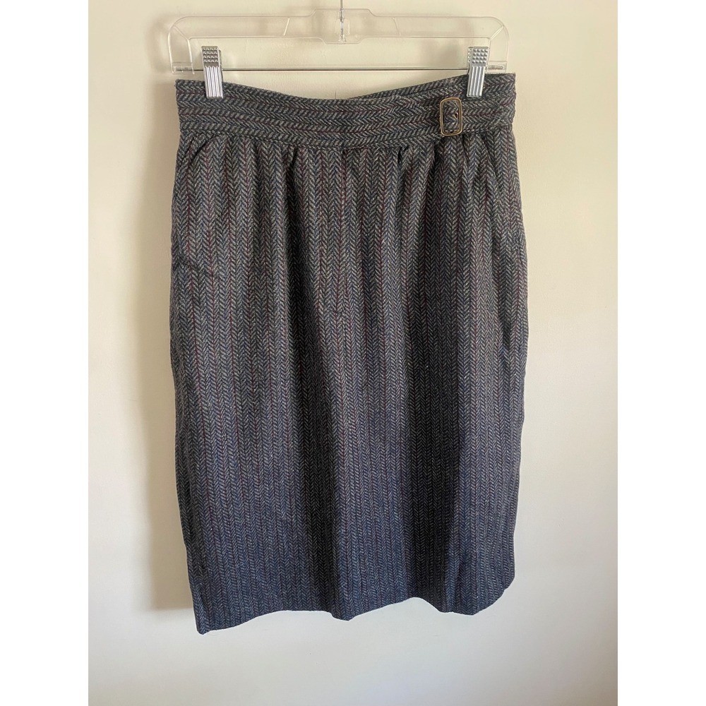 Roberto de Roma Vintage Wool Herringbone Midi Skirt Gray Striped Size 14